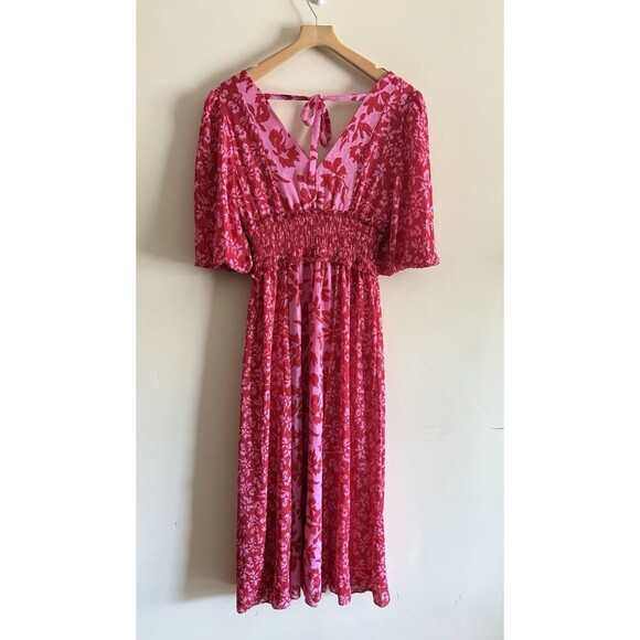 $139 Taylor Women's Pink Red Gown Slit Peasant  Chiffon‎ MIDI Floral Dress Sz 6 - Picture 3 of 5